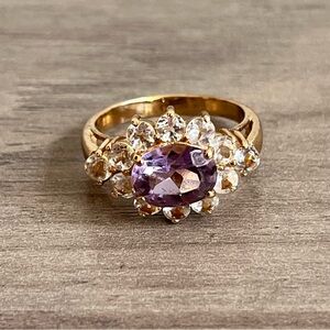 Amethyst, Simulated White Quartz and Gold Multi-Gemstone Ring - Size 6.5 - 7